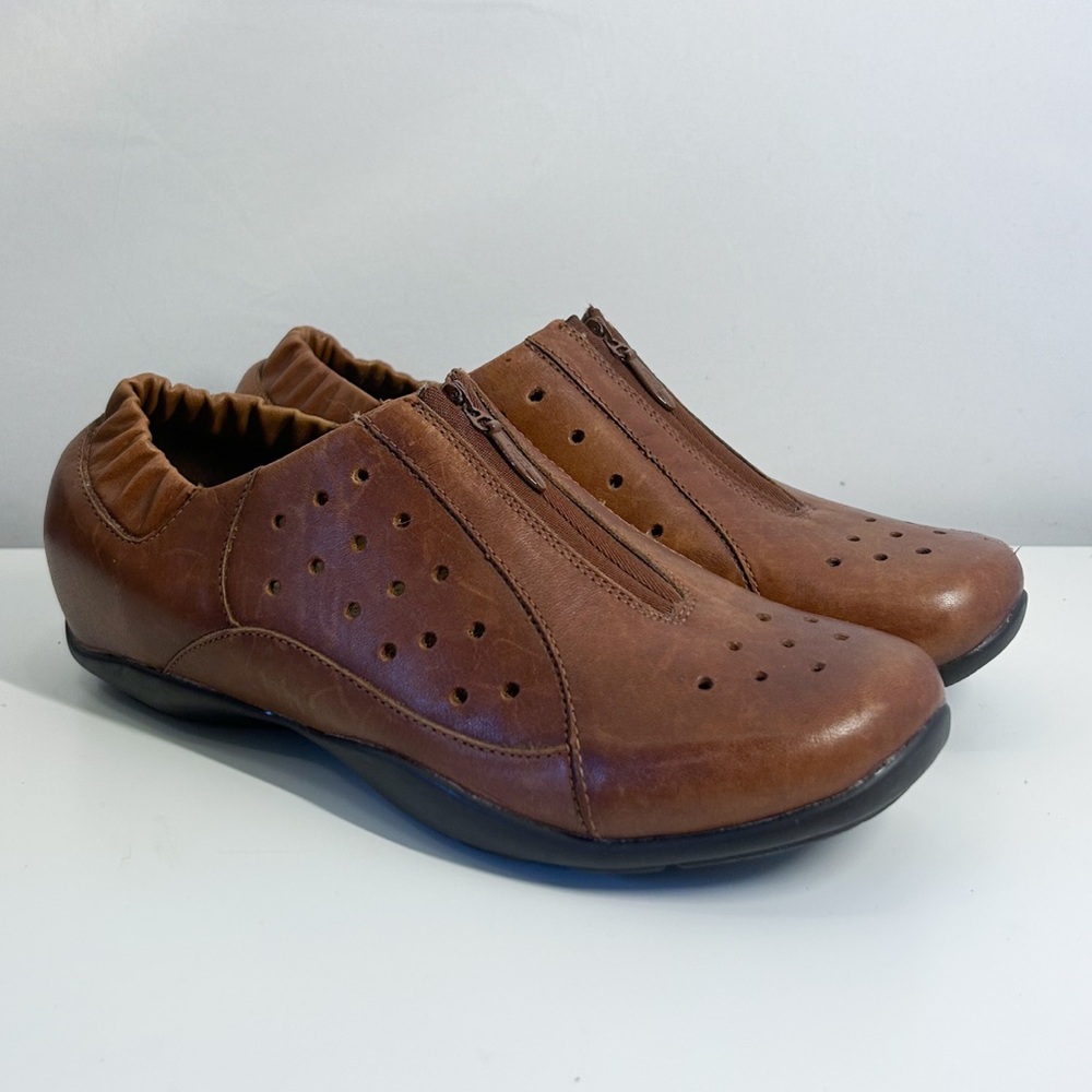 Dansko Camille Brown Leather Zip Up Perforated Slip On Loafer Flats Size 40